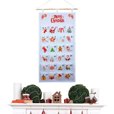 Calendario dell'Avvento tascabile 2025 per Natale - Sacchetto portaoggetti natalizio da 24 giorni - Calendario da parete per il conto alla rovescia di caramelle, snack, gioielli, cioccolato, soggiorno (1/5)
