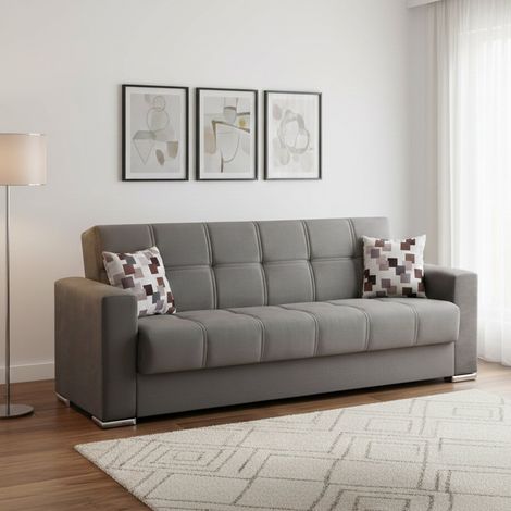 Dmora - Sofá cama Ddelori, Sofá cama contenedor lineal 3 plazas, Sofá de salón en tela acolchada con apertura clic-clac, 226x85h91 cm, Gris (1/5)