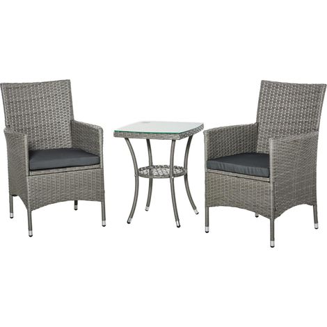 Ensemble de jardin 3 pièces en rotin PE et acier, comprenant 2 chaises avec coussins lavables et accoudoirs, et une table basse avec plateau en verre. Idéal pour balcon, terrasse ou cour. Gris.