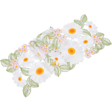 Chemin de Table Brodé Fleur Blanc en Coton, Décor Floral Élégant, Lavable et Résistant, pour Décoration de Table Mariage ou Salon (1/5)