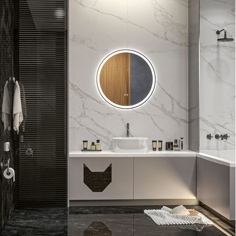Miroir LED rond Ø60 cm antibuée avec commande tactile, mémoire et cadre en aluminium OKWISH (1/5)