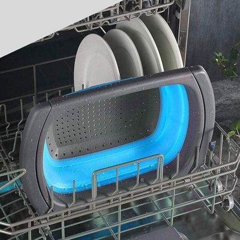 Égouttoir pliable en silicone avec poignée rétractable, idéal pour ranger pâtes, légumes et fruits au-dessus de l'évier - Bleu (1/5)