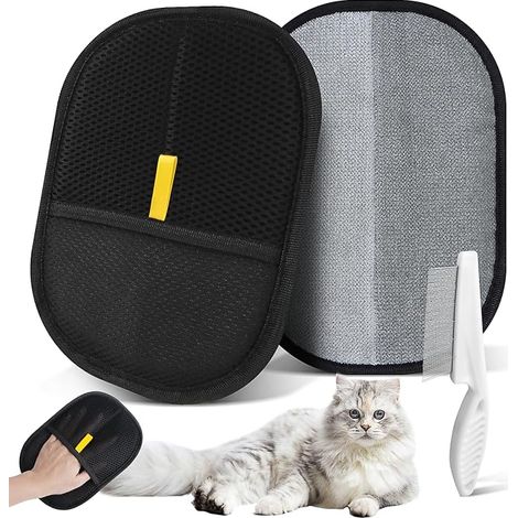 1 x Katzenkamm und 2 x wiederverwendbare schwarze, doppelseitige antistatische Reinigungshandschuhe für Tierhaare (1/5)