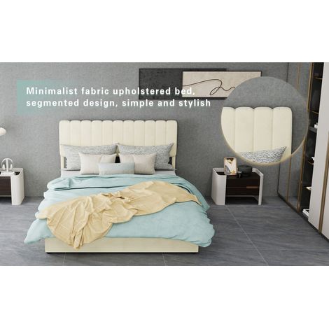 Lit rembourré minimaliste moderne, 140 x 200 cm, beige, meuble de chambre multifonction avec tête de lit douce et confortable, base de rangement haute avec mécanisme de levage à gaz, matelas non inclu (1/5)