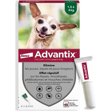 Advantix Chien Solution Antiparasitaire Puces Tiques Répulsif Mouches Moustiques Phlébotomes 1,5 a 4kg 4 pipettes