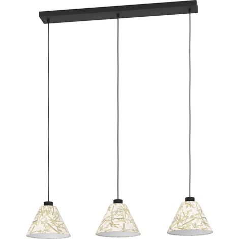 EGLO Hängelampe Oxpark, 3-flammige Pendelleuchte über Esstisch, Esszimmerlampe aus Metall in Schwarz und Textil mit Bambusblättern, Hängeleuchte mit E27 Fassung, 92 cm