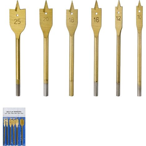 Brocas planas para madera, juego de 6 brocas de 10 a 25 mm, brocas planas de acero al carbono de alta calidad, adecuadas para taladrar madera. (1/5)