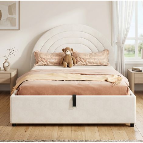 Lit enfant capitonné en velours beige 140x190 cm avec tête de lit, sommier à lattes et coffre hydraulique