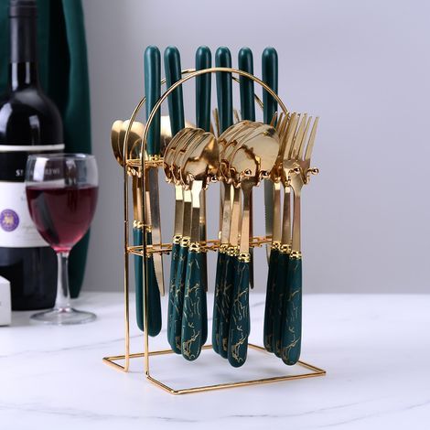 Juego de cubiertos de 24 piezas con mangos de colores de estilo vintage – Verde oscuro – (1/5)