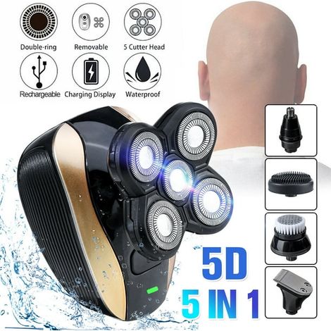 Tondeuse électrique 5-en-1 rechargeable, rasoir rotatif 4D pour tête chauve et barbe, kit de rasage complet (1/4)