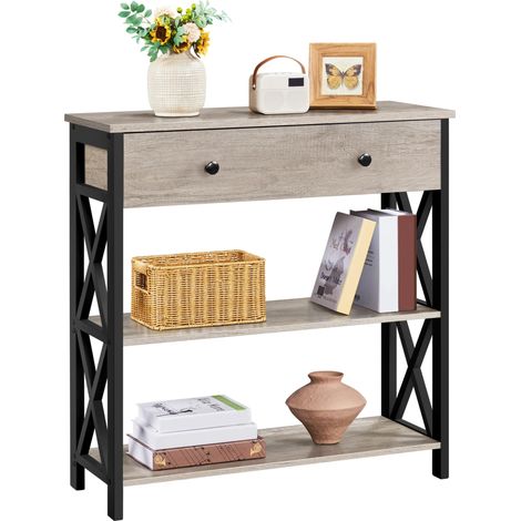 Table Console en Bois, Meuble d'Entrée, Table d'appoint avec 1 Grand Tiroir et 2 Etagère de Rangement, Design en Forme X, pour Salon Couloir, Gris, 80 × 30 × 80 cm (1/5)