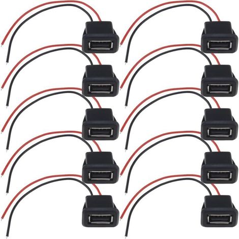 Lot de 10 connecteurs USB 2.0 femelle 2 fils 3 A 2 broches USB femelle avec boucle à rainure pour caméra de vidéosurveillance de voiture enregistreurs audio appareils ménagers 10 cm (1/5)