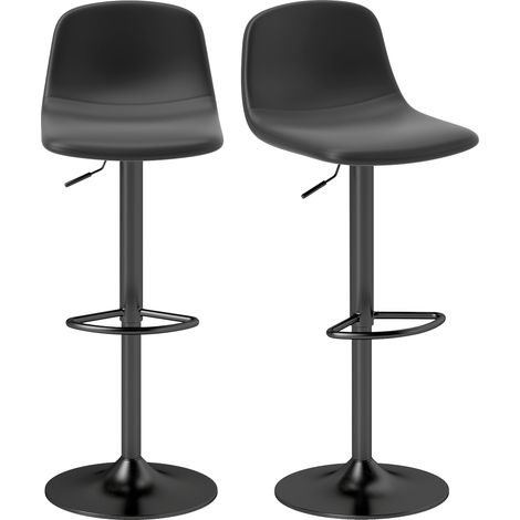 2er-Set Barhocker, Barstühle mit Kunstlederbezug, drehbar, mit Rückenlehne und Fußstütze, Metallbasis, Schwarz