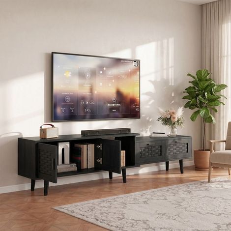 Meuble TV - Meuble télé extensible - 2 tiroirs & 2 portes - 146–180 cm - Bois & PVC imitation rotin (1/5)