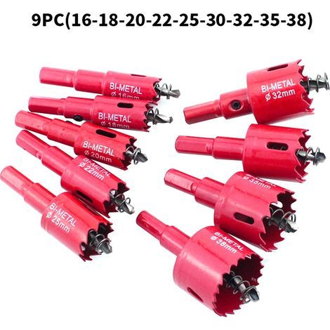Scies Cloches Bi-Métal, Lot De 9 Scie Cloche Metal Diamètre de 16mm 18mm 20mm 22mm 25mm 30mm 32mm 35mm 38mm pour Fer, Aluminium, Bois, Cloison SèChe, Tuyau, Plastique, Panneau, Rouge (1/4)
