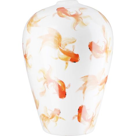 Vase en céramique - Blanc - Hauteur : 30 cm - Diamètre : 20 cm - Motif Poisson - Vase décoratif bombé - Étanche (1/4)