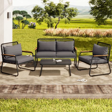 Ensemble salon de jardin pour 4 personnes cadre fer galvanisé table verre trempé pieds réglables. Tous coussins inclus,couleur noir.
