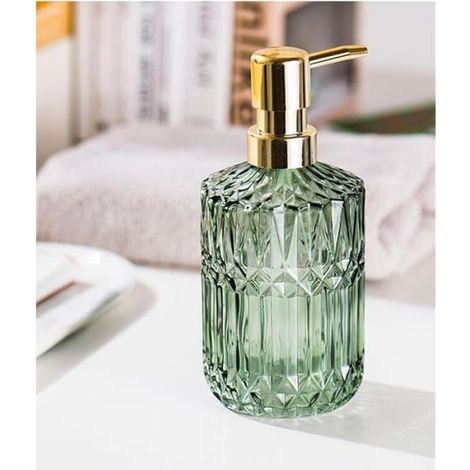 Distributeur pour Savon en Verre 390ml Distributeur Savon Liquide Flacon Pompe Verre Doré et Vert Vert et Doré (1/4)