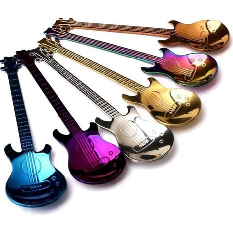 Cuillères à café en forme de guitare, lot de 6 cuillères musicales en acier inoxydable, idéales pour le thé, la glace, les desserts (1/4)
