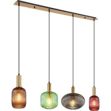 Pendellampe Hängeleuchte Esszimmerlampe, 4-flammig, Retro Designlampe, Bunte Glasschirme, Metall, messing schwarz, 4x E27, LxBxH 115x30x120 cm