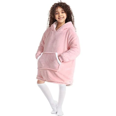 Bardusch - Plaid à Capuche Enfant Plaid Pull Couverture Canapé Polaire avec Manche Garçons Filles avec Poches Portables TV Hiver 70cm Rose (1/4)