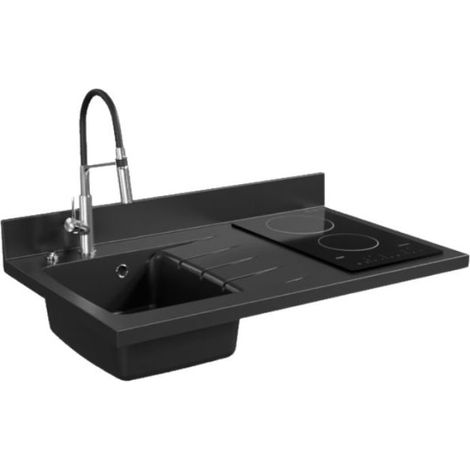 Plan de travail monobloc PlaniQuartz avec évier - 100 cm - Nero - évier à gauche - Plaque de cuisson Vitrocéramique