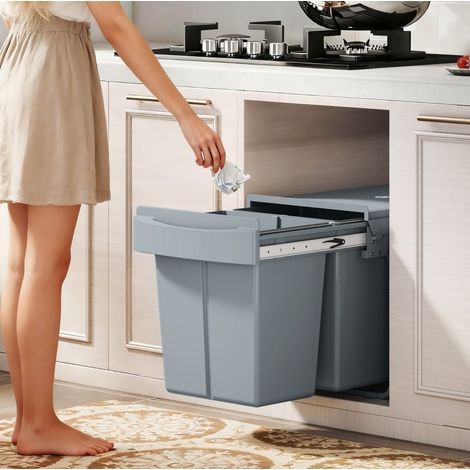 Poubelle encastrable coulissante 52x33,5x41 cm grise, 2 bacs amovibles 40 L plastique métal MEUBLIV (1/5)
