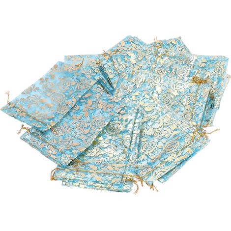 Lot de 200 pochettes en organza à cordon, motif rose, 16 x 11 cm, bleues. (1/5)