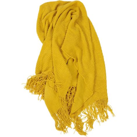 Plaid pour Canapé Couverture Simple en Fibres Acryliques, Jaune, Motif Grille Ananas, Pompons 10cm, Protège du Froid, Lavable Main, Maison et L' (1/5)