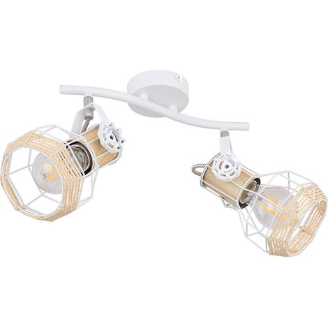 Deckenleuchte Holzoptik Spotleuchte Strahler schwenkbar Deckenlampe weiß, Metall, 2x E27 Fassungen, LxBxH 29,6x23x19 cm