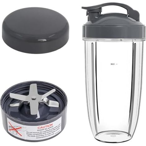 Kit accessoires mixeur 24OZ compatible NutriBullet 600W Pro 900W NB-101S NB-201, avec couvercle à clapet, couvercle étanche et lame extractrice, par Poweka, gris (24OZ) (1/5)