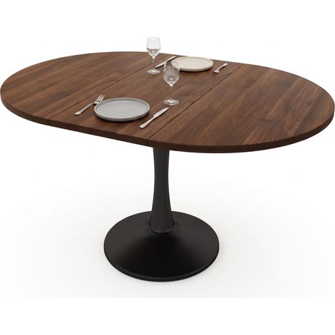 FurnitureR Table ronde extensible de 100 à 140 cm avec plateau MDF effet noyer et pied central noir, adaptée aux repas de 4 à 6 personnes (1/5)
