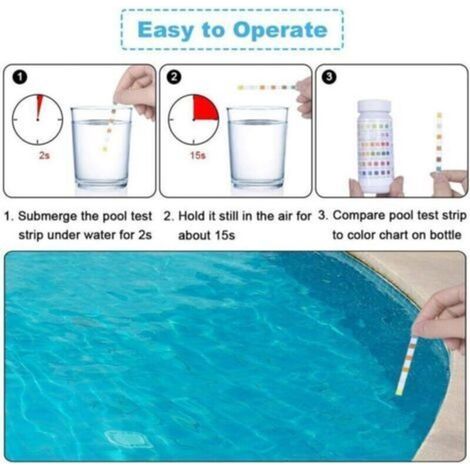 50 bandelettes de test 6 en 1 pour piscine : chlore résiduel, pH, alcalinité, dureté, acide.