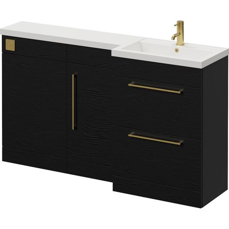 Napoli 390 Nero Oak 1500mm 2 Drawer Vanity Unit Toilet Suite with Right Hand Square Lucia Basin - 1500mm - Brushed Brass 320mm HandleWithout Kingston Toilet Pan
