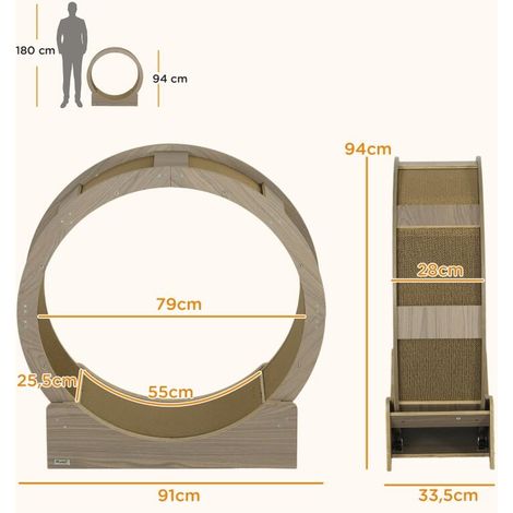 Roue d’exercice chat 91cm, roue de course silencieuse, frein sécurisé, tapis griffoir amovible marron (1/5)
