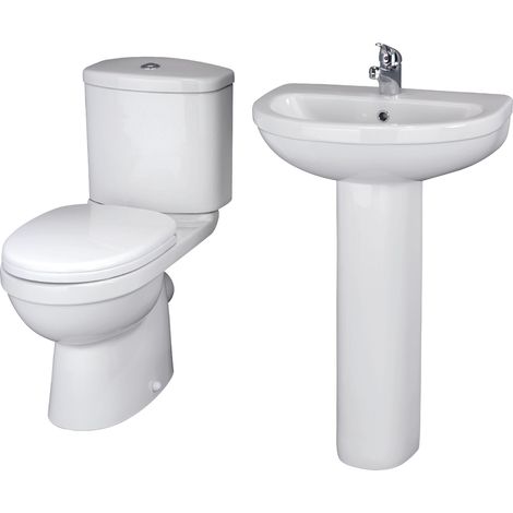 Balterley Vito Bathroom Suite: Close-Coupled Toilet w/ Dual-Flush Cistern, Soft-Close Seat & 550mm 1 Tap Hole Basin, Full Pedestal
