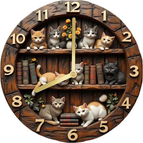 Wandklok - Motivo Gato - Mecanismo Silencioso Sweep - Esfera 30 Cm - Acabado Veta Madera - 1 Unidad (1/5)