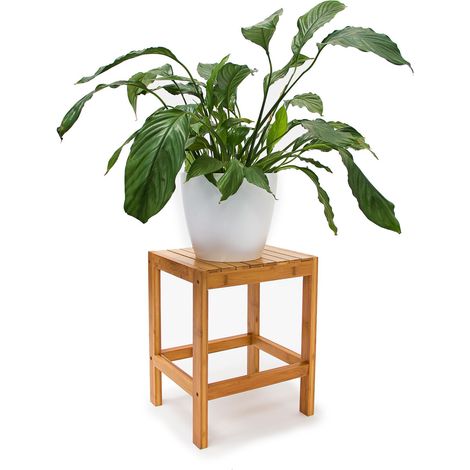 Relaxdays Taburete Plantas Bambú, Banqueta Baño Madera, 40 x 28 x 32 cm, Soporte Macetas, Mesa Auxiliar, Marrón Natural