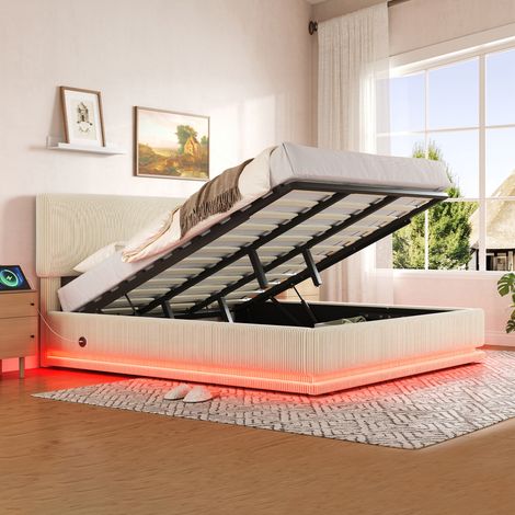 Lit coffre LED 180x200 cm avec USB-C, lit adulte capitonné, sommier à lattes, velours côtelé beige (1/5)