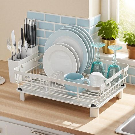 (White) Dish Drying Rack, Dish Rack, Large Dish Racks for Kitchen Counter, Drying Rack Kitchen with Removable Utensil Holder, Drainboard 16.9" x 12.9" x 5.9" (1/5)