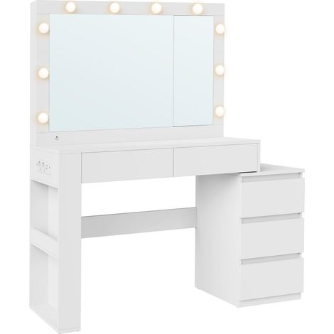 Coiffeuse moderne avec miroir et 5 tiroirs 40 x 125 x 140 cm ambiance cosy finition mate en aggloméré blanc (1/3)