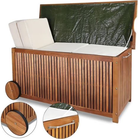 Coffre de jardin en bois d'acacia avec roues, poignée inox et bâche intérieure (1/5)