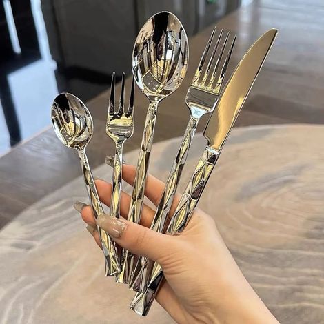 Service de table western 5 pièces - Couteau à steak, fourchette et cuillère - Vaisselle polie brillante - Ensemble de couverts - Argent - Acier inoxydable (1/5)
