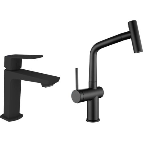Set miscelatore lavabo + miscelatore cucina Ceramia Timeless in acciaio inox con doccetta estraibile, nero opaco