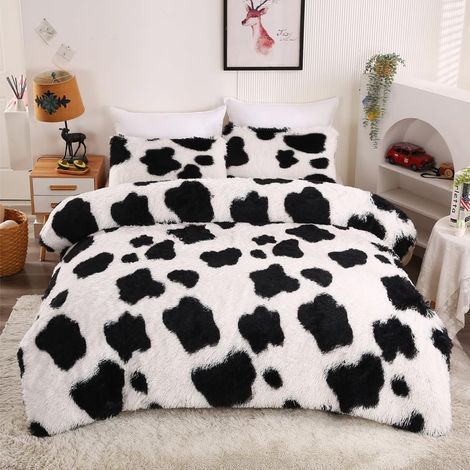 Parure de lit 3 pièces en Fausse Fourrure teintée à imprimé Vache Noir et Blanc Literie pelucheuse en Flanelle Ultra Douce et pelucheuse Couette x 1 taie d'oreiller x 2 (1/3)