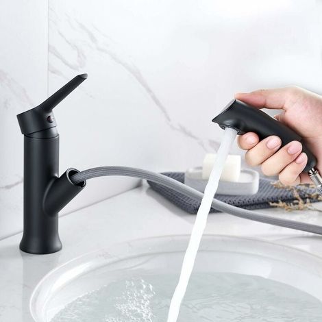 Schwarzer Badezimmerhahn mit ausziehbarer Brause, ausziehbarer Waschtischmischer für Badezimmer (1/4)