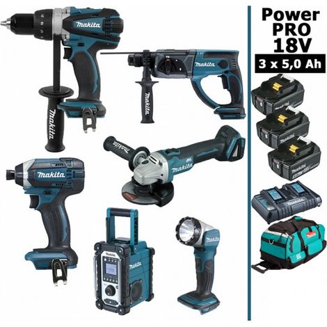 Pack Power PRO Makita 6 outils 18V: DDF458 + DTD152 + DGA504 + DHR202 + DMR108 + Lampe + 3 batt 5Ah + sac (1/5)