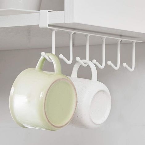 Soporte para tazas de café debajo del armario: 6 ganchos, no requiere taladrar, para colgar paños de cocina, utensilios de cocina, tazas, etc. (1 unidad). (1/4)