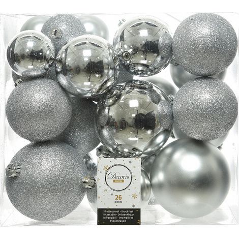 Boîte de 26 perles en métal argenté variant les tailles ø6cm / ø8cm / ø10cm. (1/3)