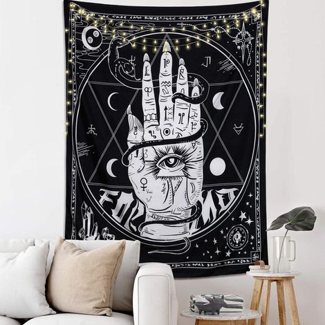 Tapis mural Tarot Étoile Lune Suspension murale Astrologie Tenture noire et blanche Décor hippie Tapisserie ésotérique (Main, M / 130x150cm) (1/5)